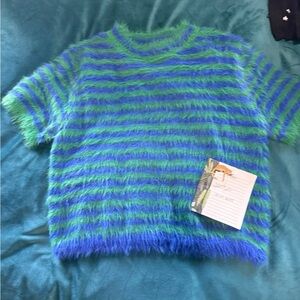 NWOT Dressed In LALA Small Fuzzy Green and Blue Striped Sweater